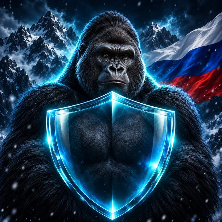 Горилла с голубым щитом на фоне гор и российского триколора